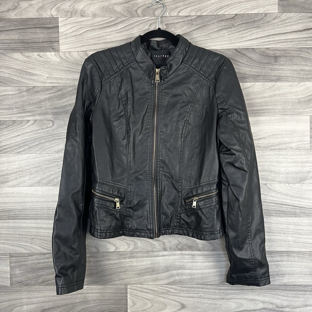 Therapy Moto Jacket‎ Juniors L Black Faux Leather Full Zip Biker Grunge Pockets